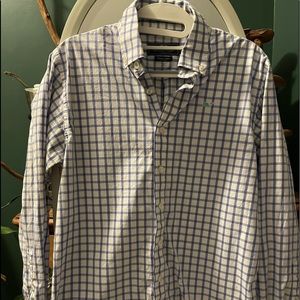 Boys blue and white checked whale shirt